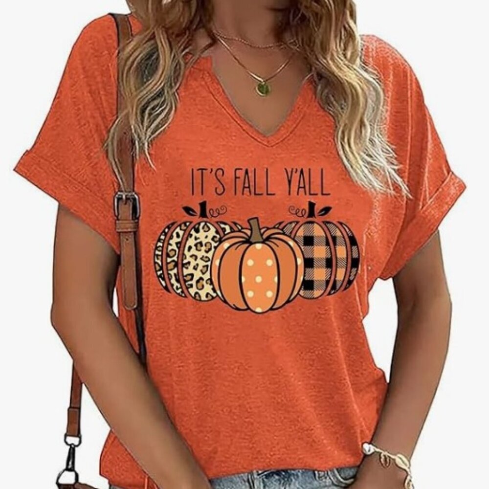 New Fall Pumpkin Graphic T-Shirt Casual Short Sleeve Orange V-Neck